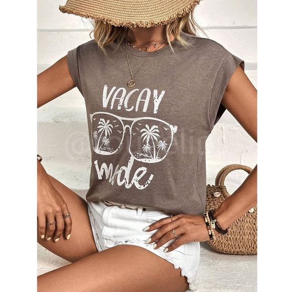 Graphic Print Mocha Brown Crew Neck Muscle Tee Top Shirt - Picture 6 of 7